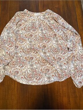 LOFT Paisley Split Neck Mixed Media Long Sleeve Blouse - Red/Cream/Brown